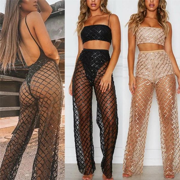 

crochet sequins beach women pants wide leg lace mesh sheer high waist see through casual trousers clubwear, Black;white