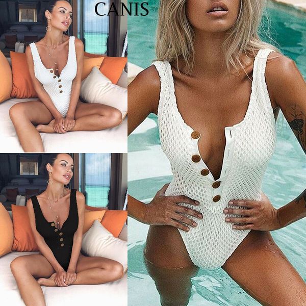 

women's fashion new one-piece suits style solid ladies swimming v neck button swim backless swimsuit, White;black