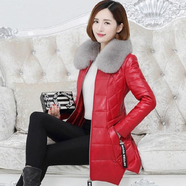 

women's leather & faux kmetram jacket parka women clothes 2021 winter fake fur collar long coat female parkas casaco feminino my, Black