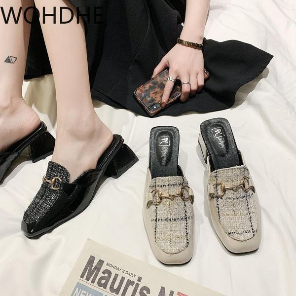 

summer half slippers women thick heel mueller shoes lazy slippers metal buckle decoration slip on british buckle slides, Black