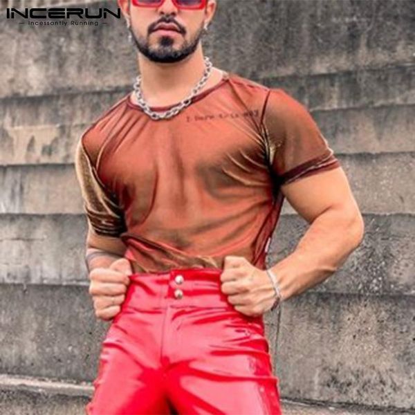 

men's t-shirts incerun 2021 men t shirt mesh see through streetwear o neck short sleeve tee shiny solid party nightclub clothing, White;black