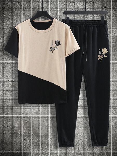 

men colorblock rose print tee with sweatpants c5au#, Gray