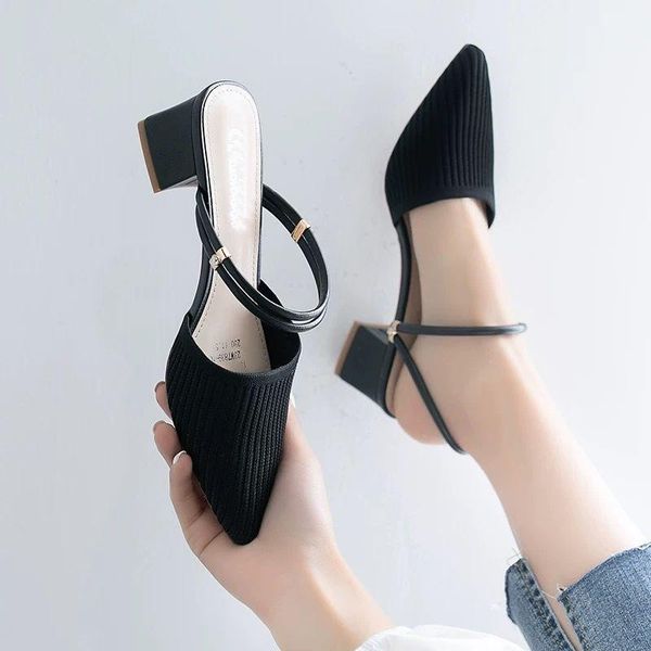 

sandals slippers summer 2021 new pointed thick heel single shoes baotou mid-heel high heel large size spring women's shoes, Black