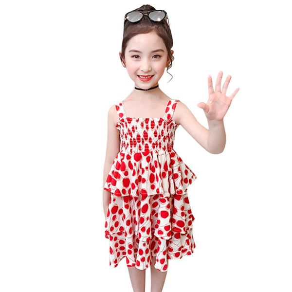 

girl's dresses for girls dot pattern beach dress girl sleeveless tiered children summer costumes 6 8 10 12 14, Red;yellow