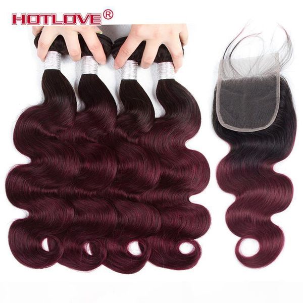 

ombre bundles with closure professional pre colored 1b 99j wine red brazilian body human hair 4 bundles with closure ombre hair extensions, Black;brown