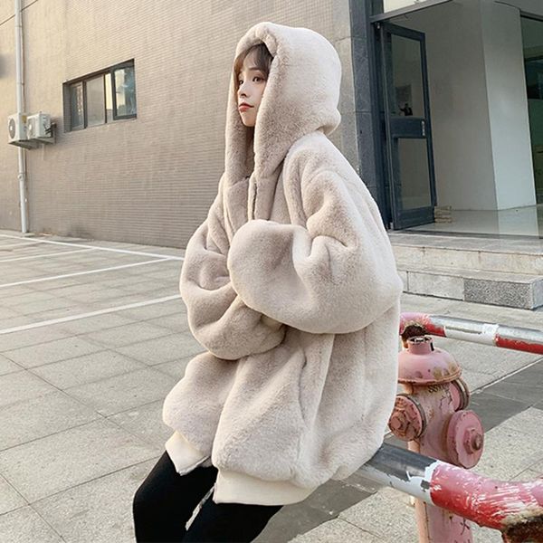 

women's fur & faux women coat 2021 hooded loose v collar overcoat thick warm plus size zip-up plush female winter coats, Black