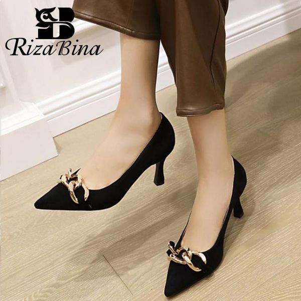 

dress shoes rizabina size 34-43 women pumps metal chain pointed tow high heel fashion party footwear, Black