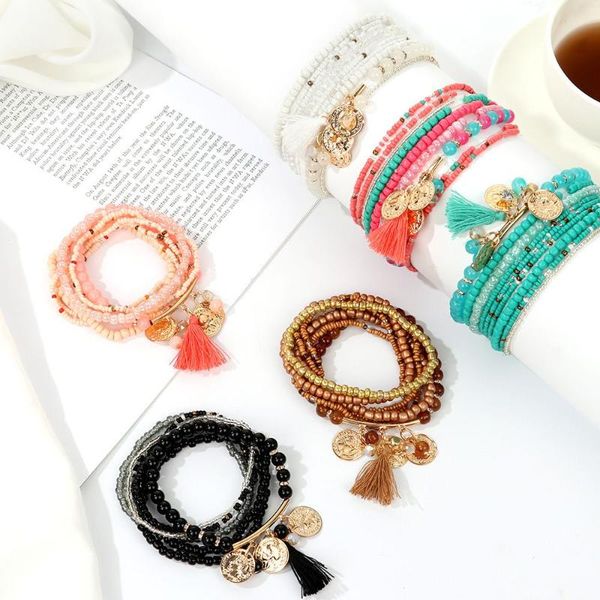 

link, chain 9pcs/set jewelry handmade beaded women natural crystal stone tassel pendant multi-layer bracelet bangles, Black