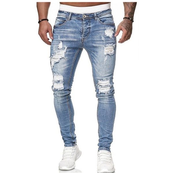 

2020 mens jeans hip hop black moto biker skinny ripped pure color elastic denim pants male casual waistline jogging pencil pant, Blue