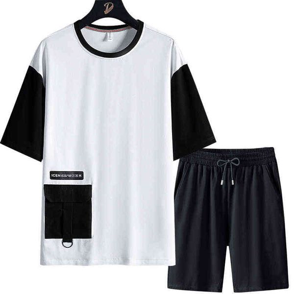 T-shirt da uomo patchwork bianco nero estivo set hip hop streetwear tute oversize da uomo harajuku grandi tasche tute 8XL G1222