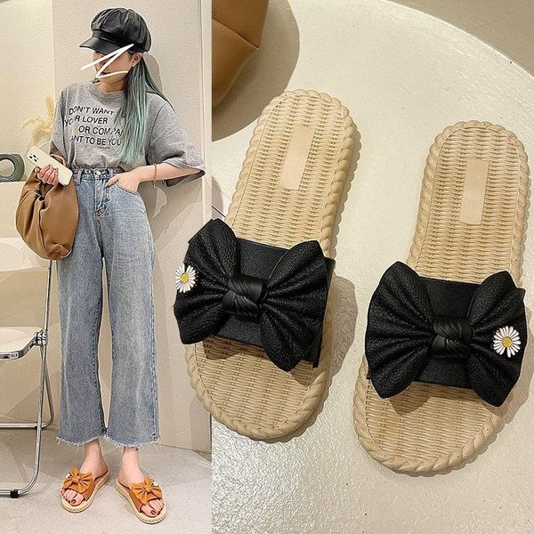 

new leisure slippers women's wear bow beef tendon flat soft non-slip maternity beach slippers woman house womens shoes, Black