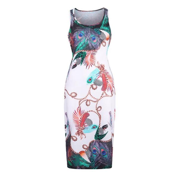 

casual dresses women fashion round neck sundress open back mid-length bodycon feather print sleeveless harajuku dress robe femme, Black;gray