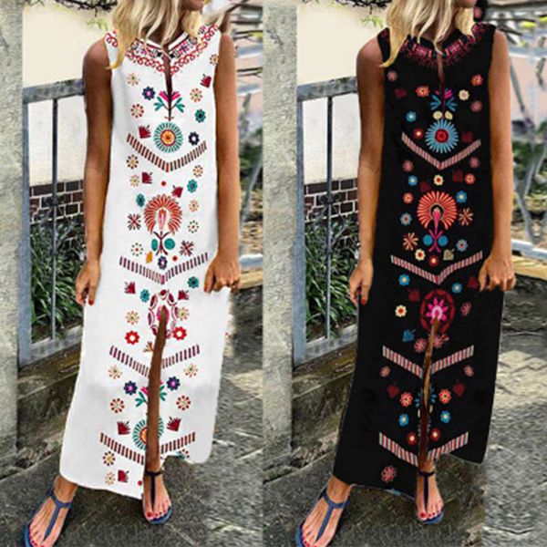 

2021 new fashion women digital print long summer sleeveless slit maxi es ladues boho ankle-length beach sun vestidos 280j, Black;gray