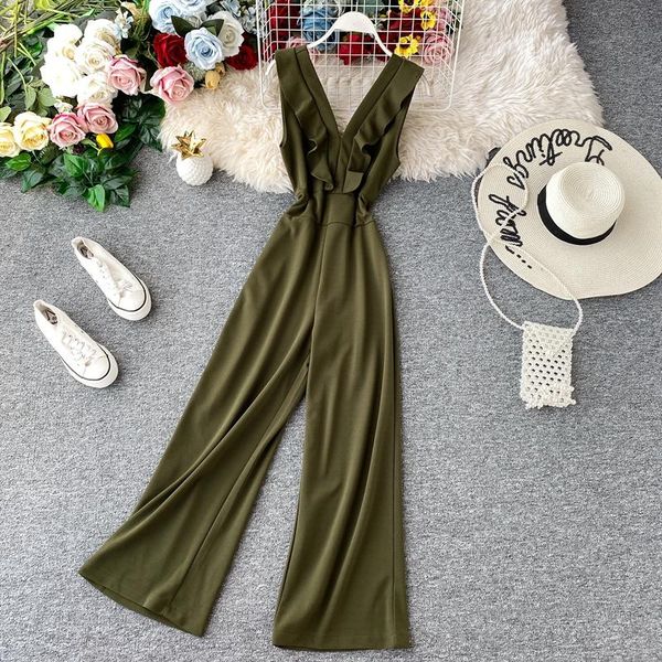 

women's jumpsuits & rompers fashion women jumpsuit sleeveless v-neck backless bodysuit summer elegant female solid casual wide leg, Black;white