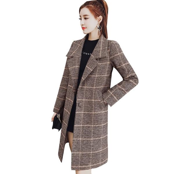 

women's wool & blends plaid woolen coat 2021 autumn winter women blend fashion long female outerwear jacket, Black