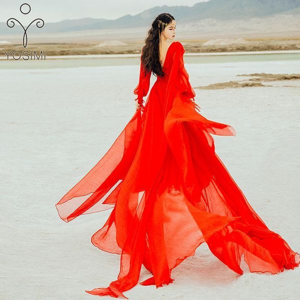 

casual dresses yosimi floor-length red chiffon long women dress 2021 summer v-neck lantern sleeve fit and flare backless party, Black;gray