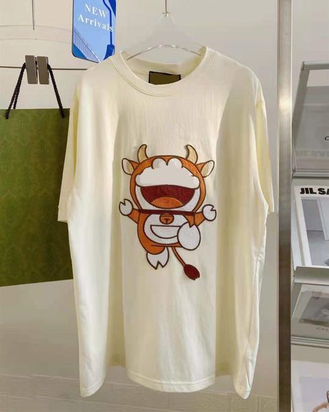 

high version 21 spring and summer new fashion ancient robot age reduction cartoon cute embroidery casual beige couple short sleeves, White