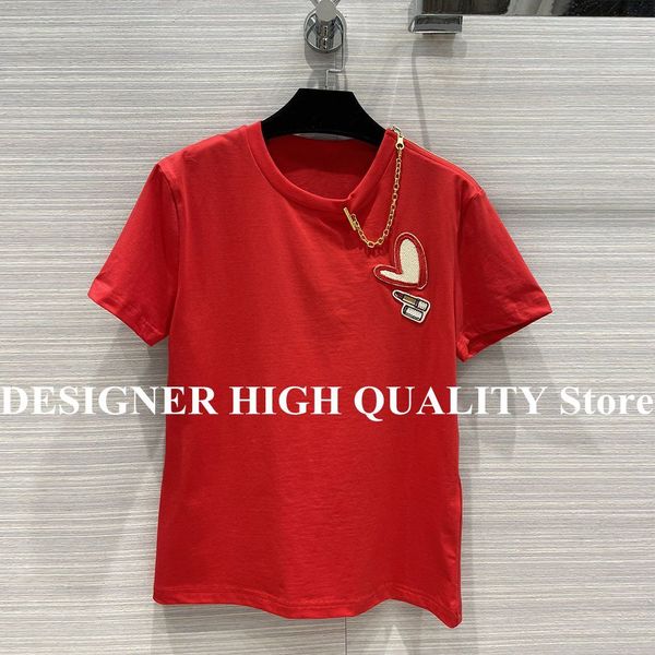 

women's t-shirt fashion chains chic t-shirt women summer o-neck short sleeve heart embroidery casual cotton tee uswh, White