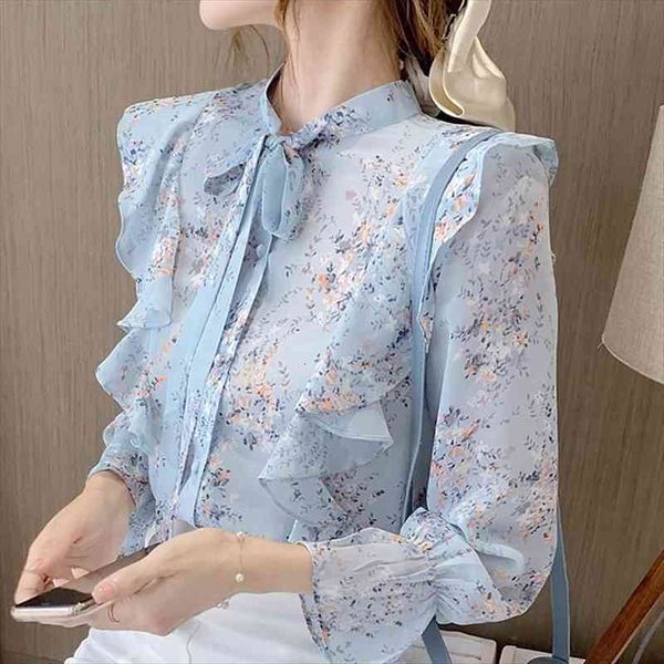 

autumn long sleeve blouse women blusas mujer de moda ruffles blue chiffon blouse women blouses blusa d743, White
