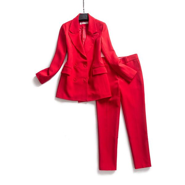 

women's two piece pants suit fashion double-breasted red jacket slim nine spring and summer two-piece, White