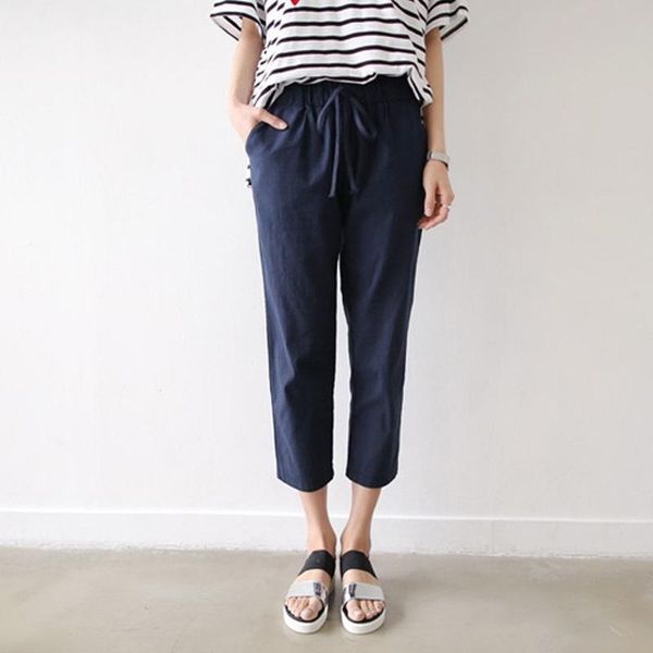 

women's pants & capris summer women cotton linen casual pocket elastic waist calf length lady harajuku japan trousers female solid colo, Black;white