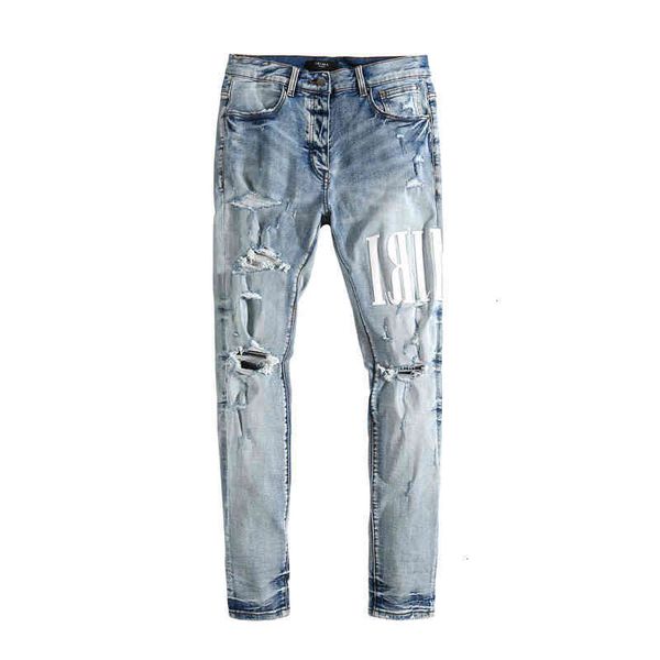 

make am wash blue holes old skin embroidery letters stretch slim jeans men's high street