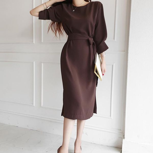 

casual dresses women autumn long sleeve midi bandary loose side split vintage vestido fashion korean ladies a-line dress femme, Black;gray