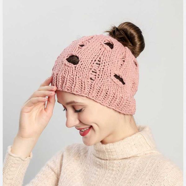 

beanies 2021 autumn and winter woolen knit hat with hole hedging to keep warm empty fashion ponytail