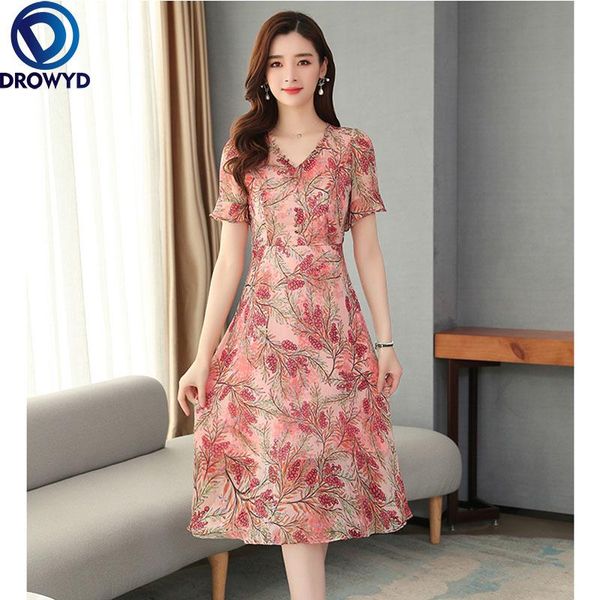 

casual dresses 2021 red floral print chiffon midi summer 5xl plus size runway dress elegant women bodycon party vestidos, Black;gray