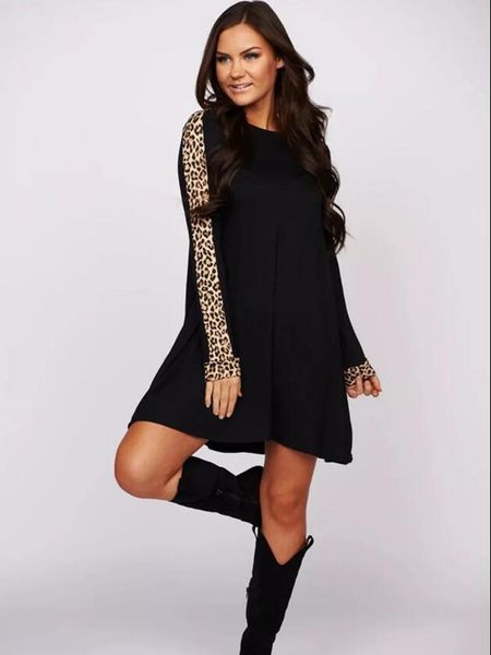 

autumn winter o neck long sleeve women sweatshirt dress 2021 new fashion leopard print patchwork loose pocket mini dress, Black;gray