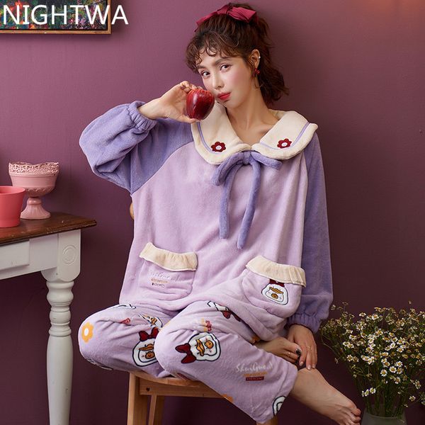 

nightwa new female winter pajamas set women sleepwear warm flannel long sleeves pajamas purple cute homewear thick home suit 210305, Black;red