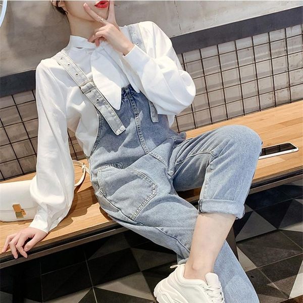 

women's jeans bib spring and autumn clothing net red loose age reduction was thin denim high waist nine points jumpsuit, Blue