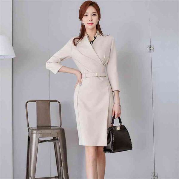 

ol office dress for women autumn long sleeve v neck cotton ladies fashion formal midi dresses 210602, Black;gray