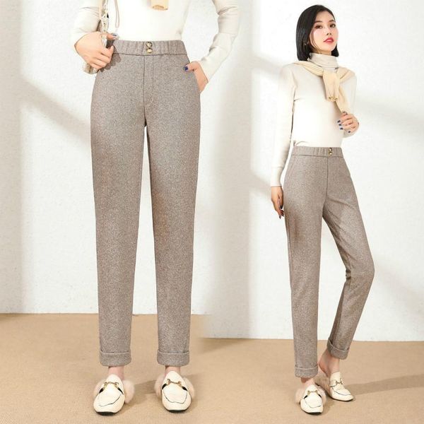 

2021 women autumn winter solid woolen trousers lady plus size elastic high waist harem pants lady button casual loose pants h119, Black;white