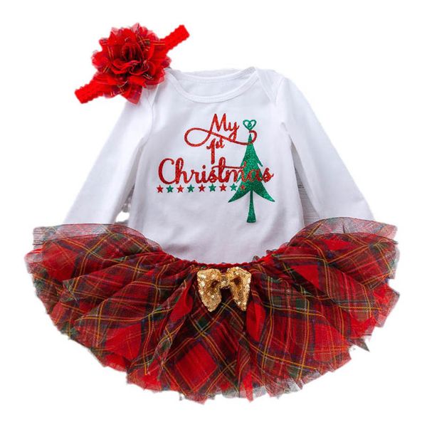

christmas baby girls outfits newborn clothing sets infant clothes long sleeve romper jumpsuit tutu skir flower headbands 3pcs b8476, White
