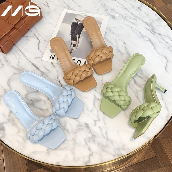

women's shoes sandals heels ladies high heels sandals 2021 summer shoes stripper leather weave square toe designer slippers, Black