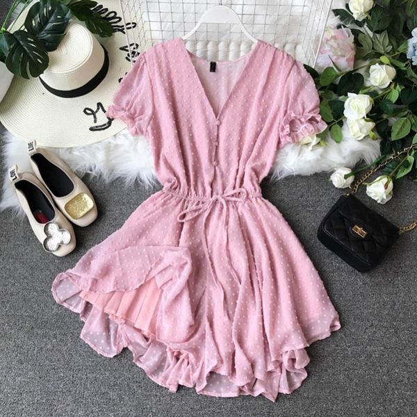 

nicemix 2021 new v-collar flocking point chiffon couplet girls summer short playsuits women short sleeve sweet jumpsuits rompers, Black;white