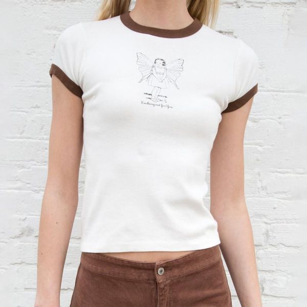 

women's t-shirt cute butterfly girl print crop women summer casual cotton slim short sleeve tee shirts femme vintage streetwear y2k t s, White
