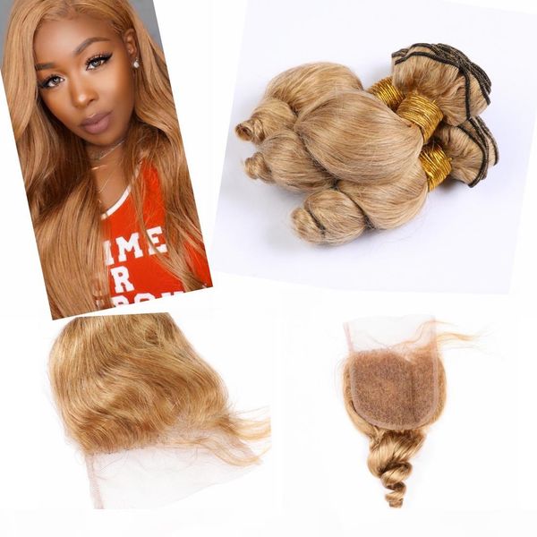 

blonde color #27 bundles human hair with closure 4" * 4" indian mixed hair extensions bundles loose wave, Black;brown