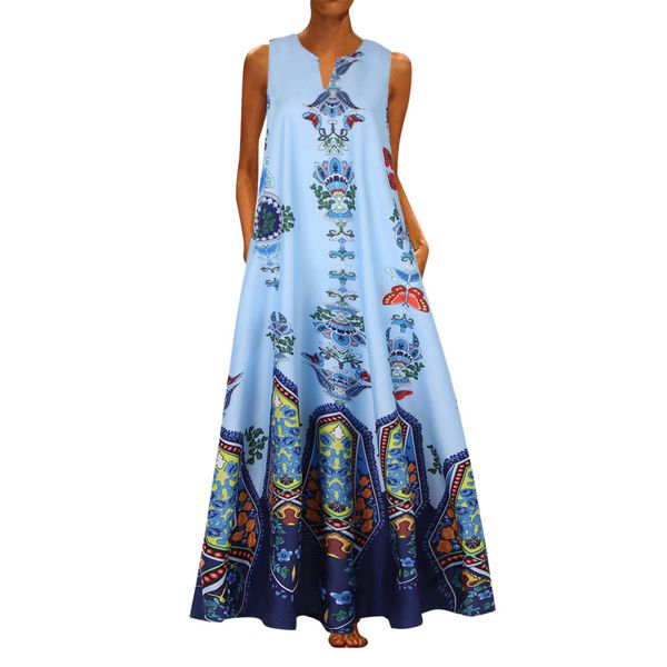 

women summer plus size dresses vintage ethnic style print daily casual sleeveless vintage bohemian v neck maxi dress sundress s-5xl, Black;gray