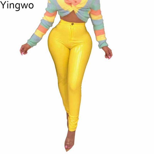 

women's pants & capris yellow/rosy/black/orange shinny pu leather skinny leggings winter style elastic high waist pencil with velvet in, Black;white