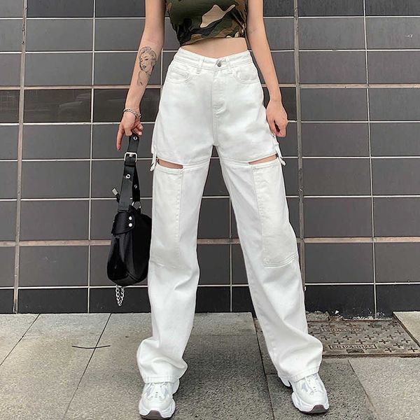 

waist hollow high out show thin straight tube wide leg casual jeans women's 2021 summer wear, Blue