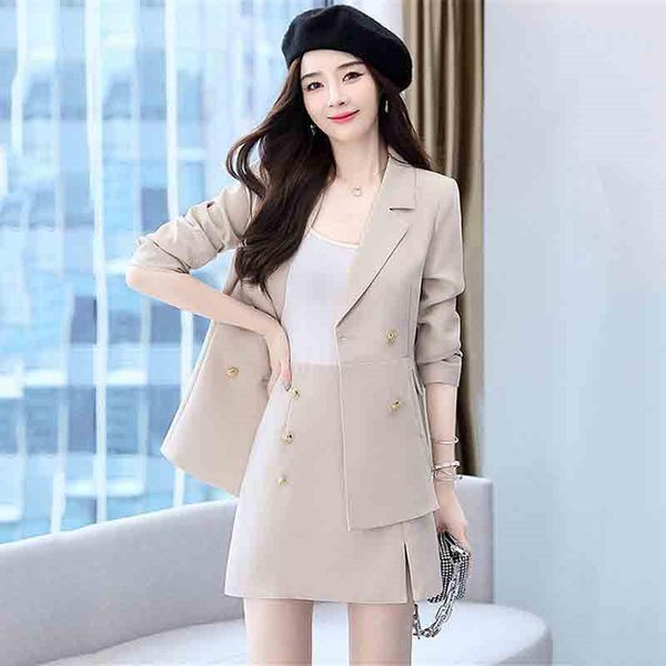 

two piece dress 2021 chic autumn women's suits blazer and skirt fashion pieces set office lady formal vertical design e291, White