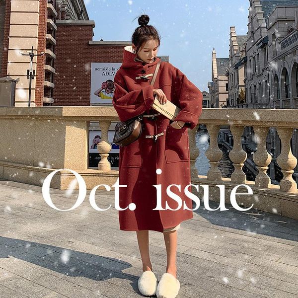 

women's wool & blends college style age-reducing horn buckle hooded loose mid-length camel woolen coat jacket female autumn and winter, Black