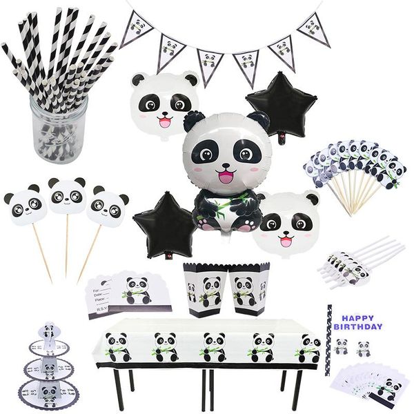 

party decoration 1set cartoon panda theme disposable tableware happy birthday helium balloons accessories baby shower kid favor supplies