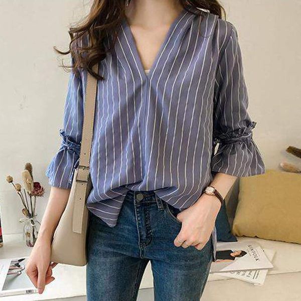 

fashion loose striped blouse v neck female shirt women blouse korean style, White