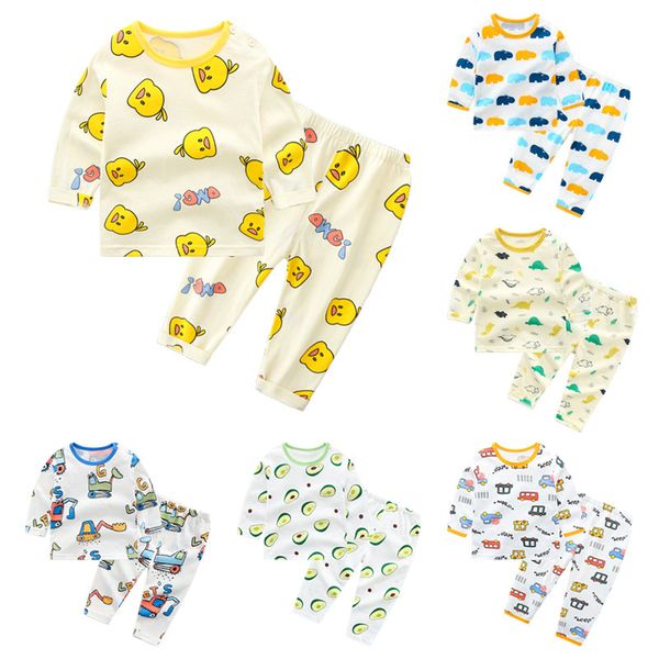 

summer childrens pajamas suits pure cotton thin baby bottoming clothes long sleeved home clothes suits for infants children, White