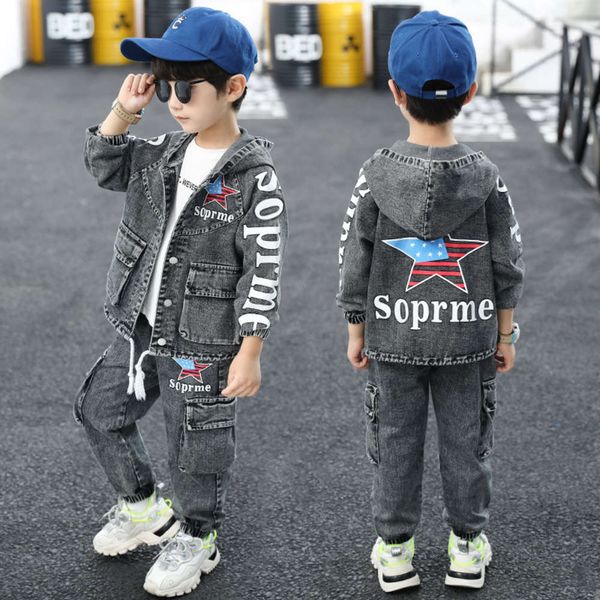 

2021 suit spring new denim children's middle school boys' leisure five pointed star two piece set korean version, White