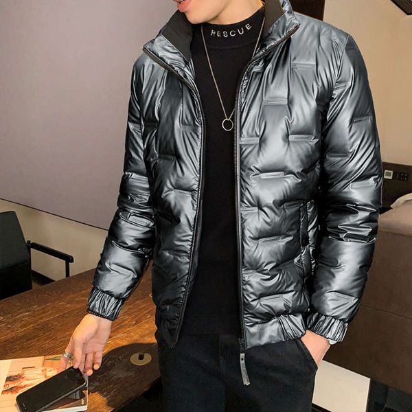 

men's korean fashion bright face solid color large size jacket casual men's white down winter short collar down jacket, Black