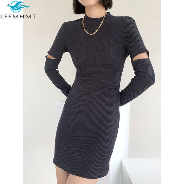

2021 new winter fall fashion hole long sleeve high waist slim women black knitted mini dress office lady o-neck skinny bottoming clothing 4x, Black;gray